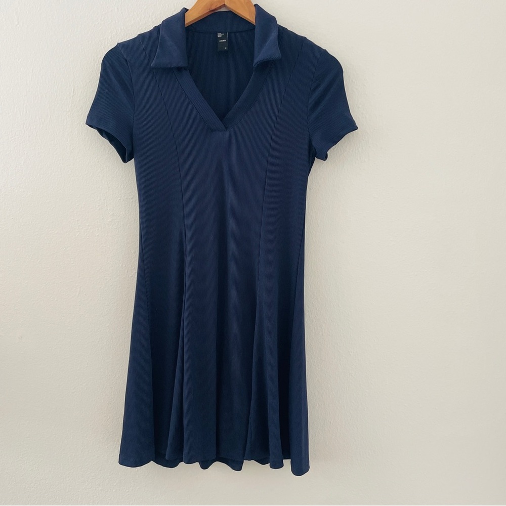 Cider Navy Blue Collared Ribbed V-Neck Dress